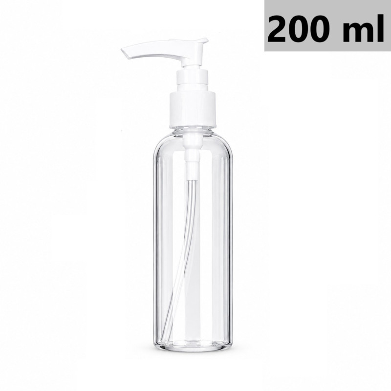 Pump bottle, cosmetic container - CLEAR with white pump, 200 ml