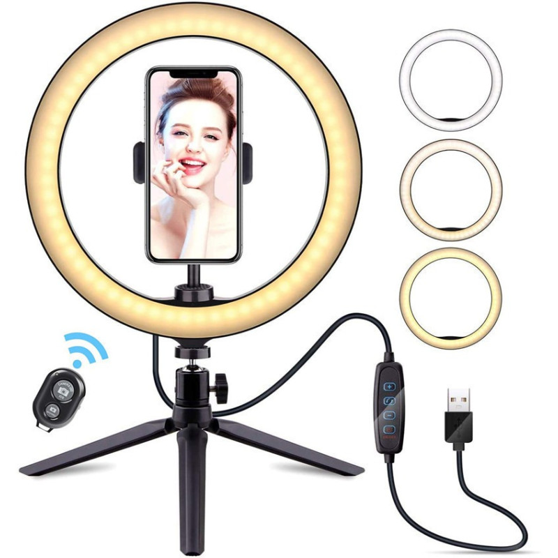 Lampa pierścieniowa LED 26 cm / mini na krótkim statywie na USB + pilot