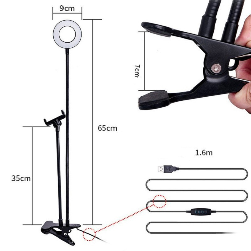 Лампа металева кільцева 3,5 дюйми, на прищіпці з тримачем / LED USB LAMP / чорна