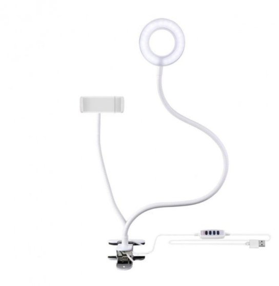Лампа металлическая кольцевая 3,5 дюйма, на прищепке с держателем / LED USB LAMP / белая