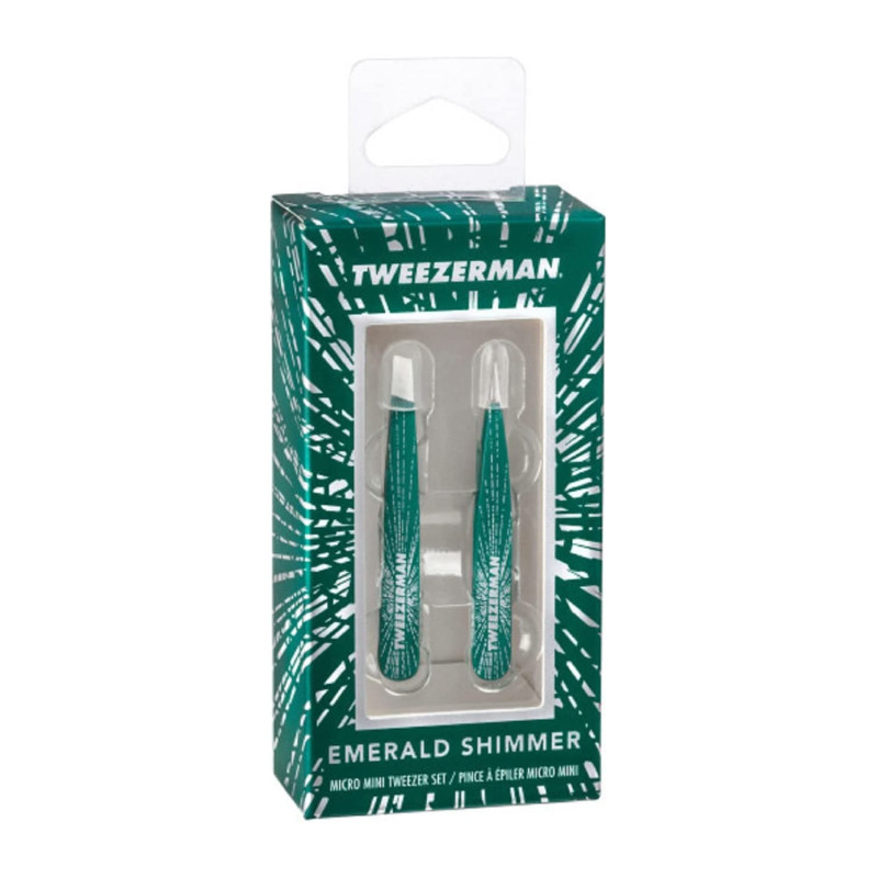 Набір пінцетів для брів Tweezerman міні (скошений + точковий) / Emerald Shimmer Micro Mini