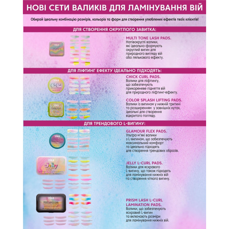 Набір валиків для ламінування вій ZOLA / Prism Lash L-Curl