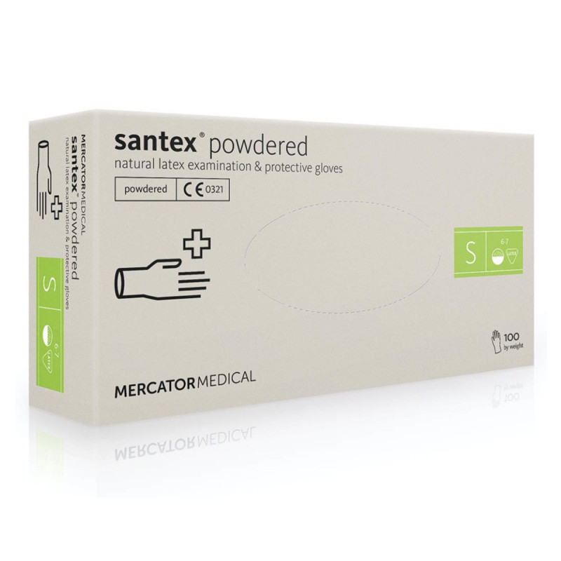 Rękawiczki lateksowe SANTEX Mercator Medical 100 szt. w opakowaniu, rozm. S / Z PROSZKIEM, białe