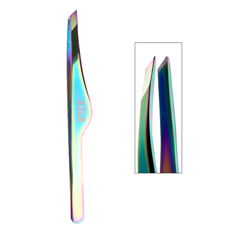 Пінцет для брів професійний скошений ZOLA Color Series / RAINBOW