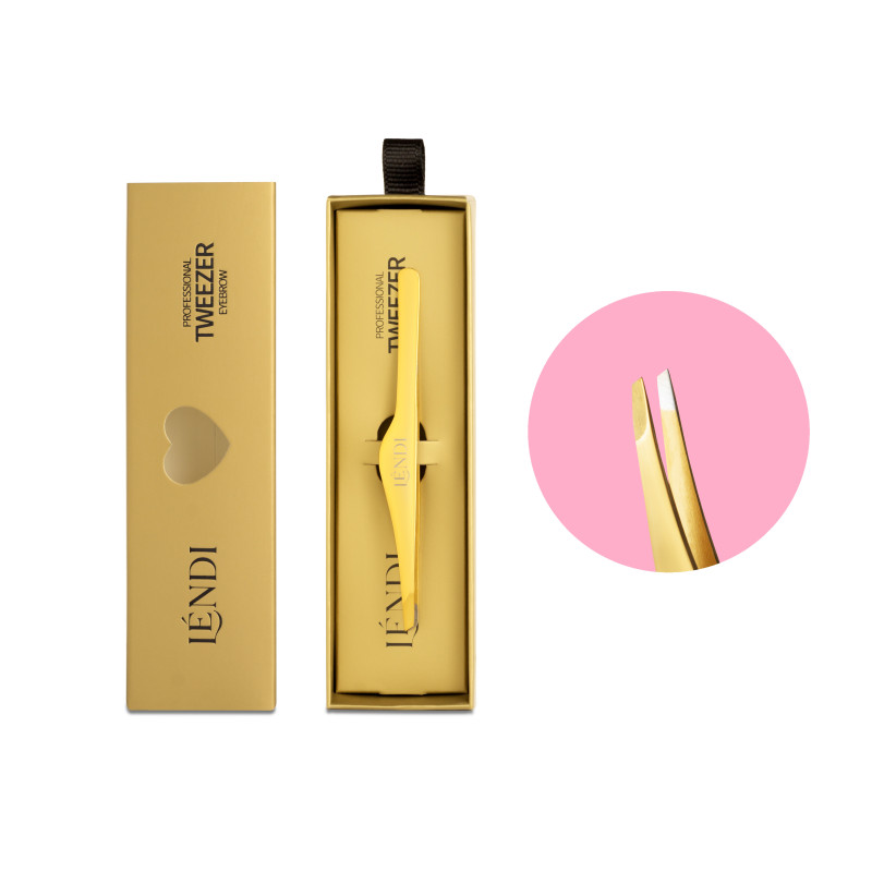 Пинцет для бровей скошенный Lendi / Golden Spark / золотой (в коробочке)