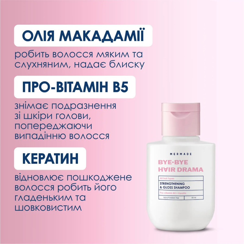 Szampon wzmacniający i nabłyszczający włosy MERMADE / Szampon wzmacniający i nabłyszczający, 85 ml
