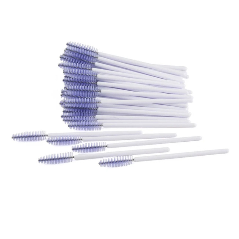 Eyebrow and eyelash brushes, fluffy / white handle - lilac bristles / 50 pcs in a pack