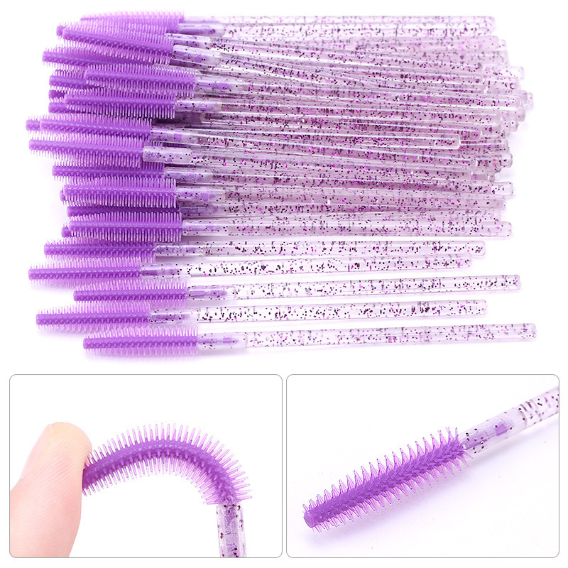 Eyebrow and eyelash brushes SILICONE - glitter purple - 50 pcs in pack