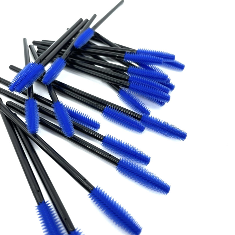 Eyebrow and eyelash brushes SILICONE / black handle blue bristles / 50 pcs in a pack