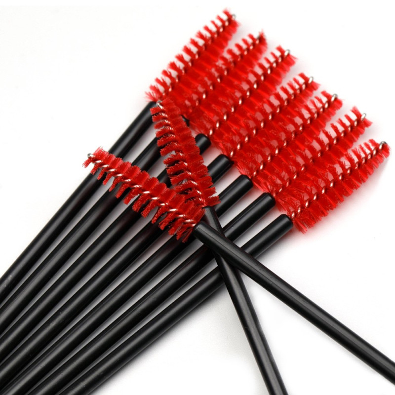 Brushes for eyebrows and eyelashes, fleecy / black handle - red bristles / 50 pcs per pack