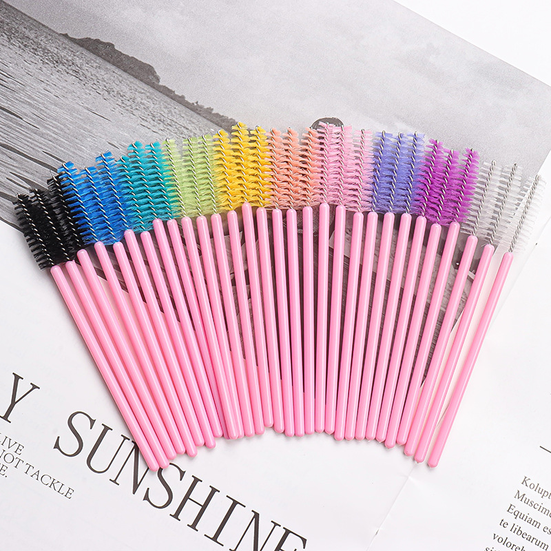 Brushes for eyebrows and eyelashes fluffy / pink handle - beige bristles / 50 pcs per pack
