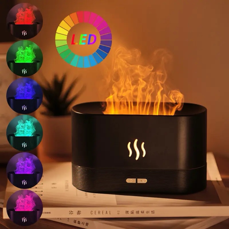 Air humidifier aroma diffuser with light on USB / Fireplace (flame effect) / black