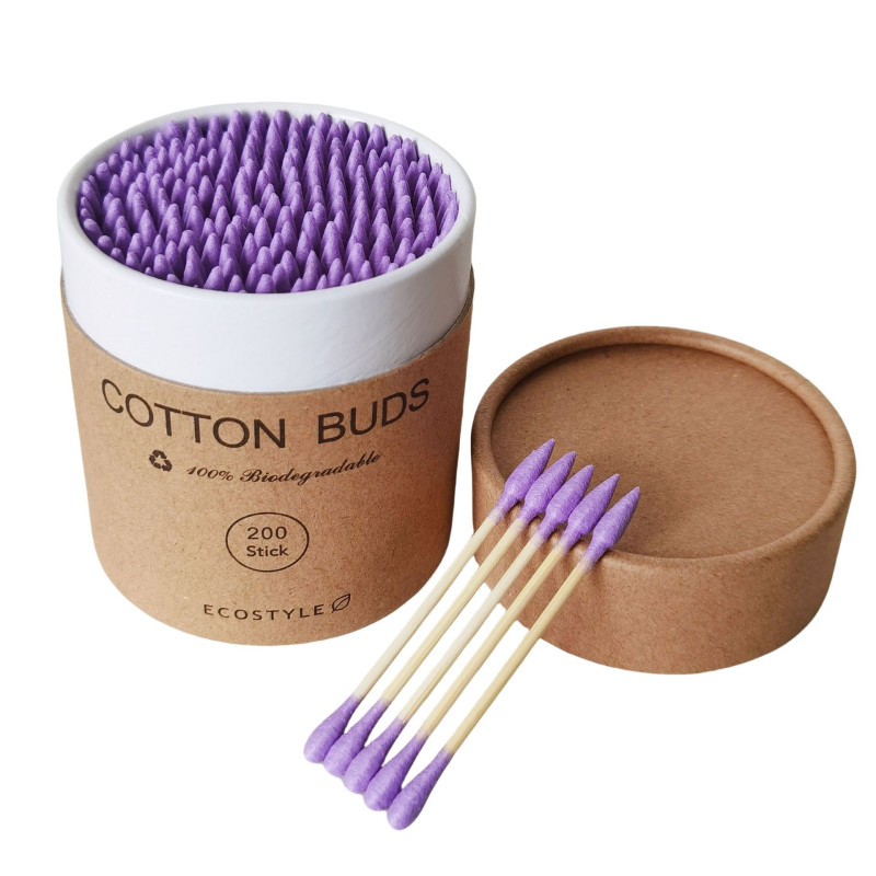 Ватные палочки бамбуковые Cotton Buds, 200 шт картонная круглая упаковка - фиолетовые