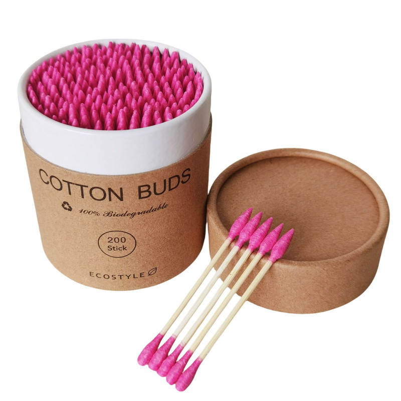 Ватные палочки бамбуковые Cotton Buds, 200 шт картонная круглая упаковка - малиновые