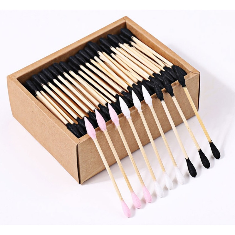Ватні палички бамбукові Cotton Buds, 200 шт картонна квадратна упаковка - рожеві