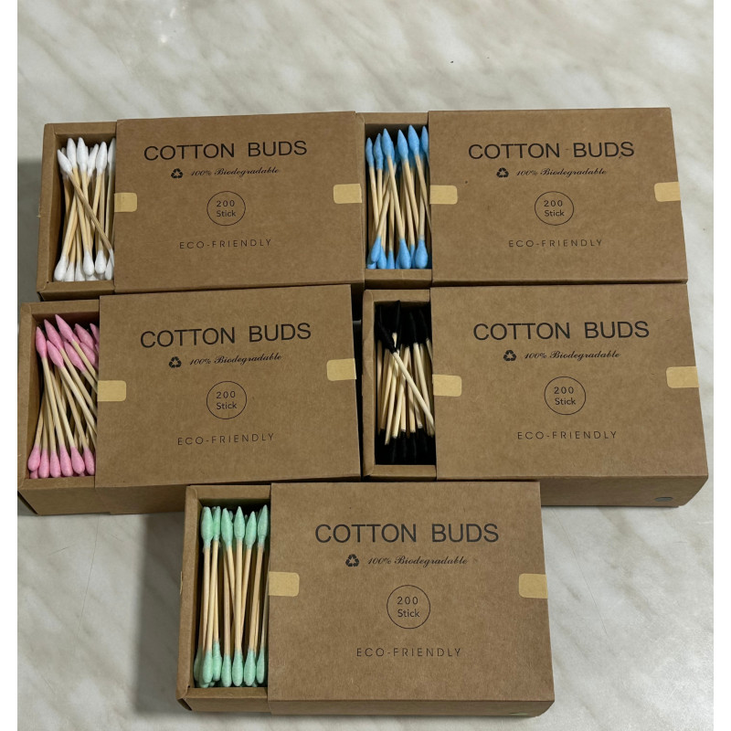 Ватні палички бамбукові Cotton Buds, 200 шт картонна квадратна упаковка - рожеві