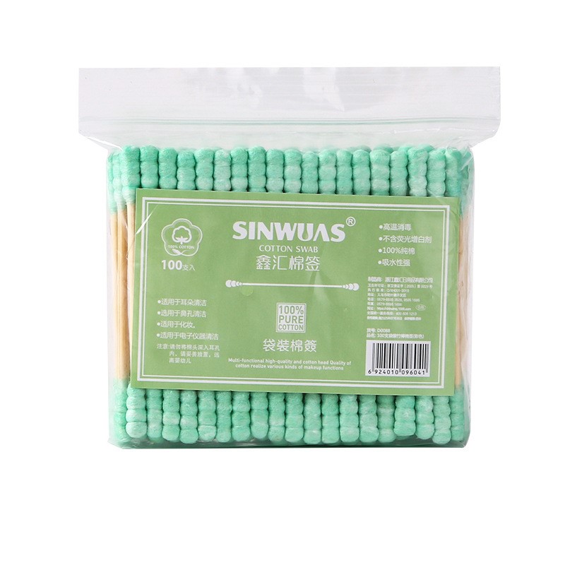Bamboo cotton buds Sinwuas, 100 pcs/bag / green