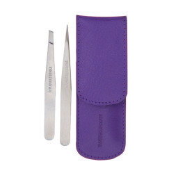 Zestaw pęset do brwi Tweezerman (skośny i cętkowany) / fioletowe etui