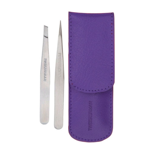 Zestaw pęset do brwi Tweezerman (skośny i cętkowany) / fioletowe etui