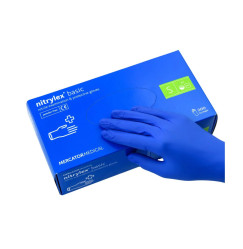 Rękawiczki nitrylowe Mercator Medical Nitrylex Basic w kolorze granatowym, opakowanie 100 szt., rozmiar S