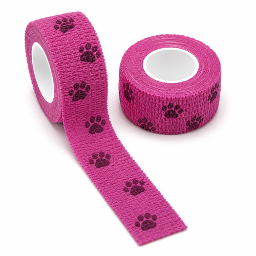 Elastic bandage bandage for tattoo machine (4.5 m * 2.5 cm) - raspberry with MINI paws