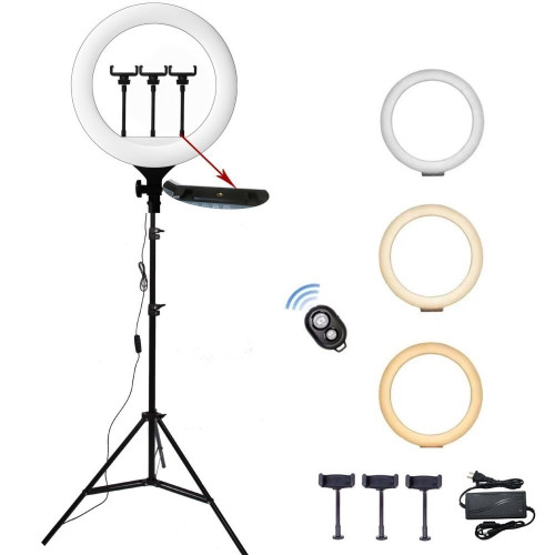 LED ring lamp, 36 cm with 2.1 meter tripod + Bluetooth for selfie + 3 holders