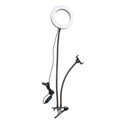 Metal ring lamp 6 inches, on a clothespin with holder / LED USB LAMP / black