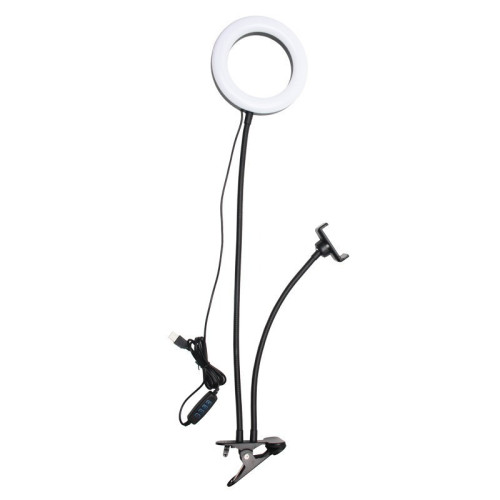 Metal ring lamp 6 inches, on a clothespin with holder / LED USB LAMP / black