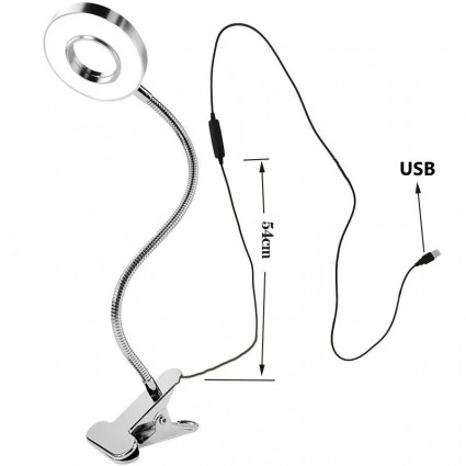 Small metal ring lamp, on a clothespin / LED USB LAMP / silver