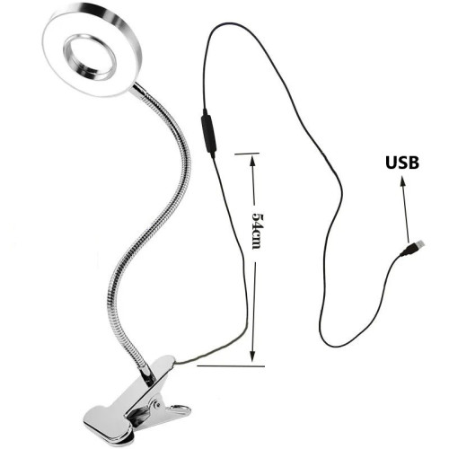 Лампа металева кільцева маленька, на прищіпці / LED USB LAMP / срібло