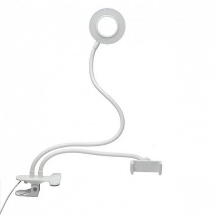 Лампа металлическая кольцевая 3,5 дюйма, на прищепке с держателем / LED USB LAMP / белая