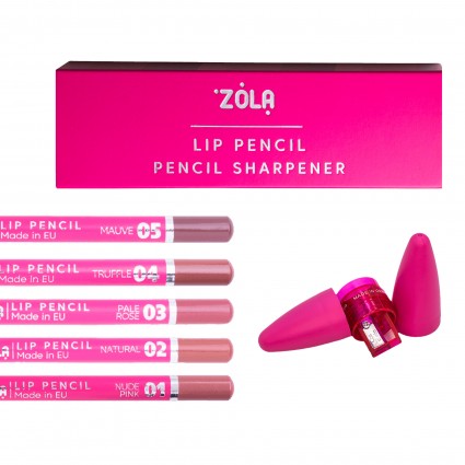 Набір олівців для губ з точилкою ZOLA / Lip Pencil + Pencil Sharpener / в рожевій коробці