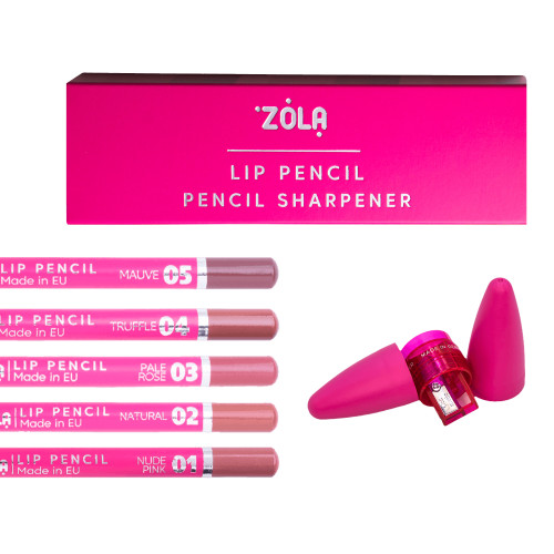 Set of lip pencils with sharpener ZOLA / Lip Pencil + Pencil Sharpener / in a pink box