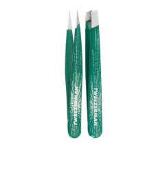 Zestaw pęset do brwi Tweezerman mini (fazowana + szpiczasta) / Emerald Shimmer Micro Mini