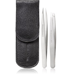 Zestaw pęset do brwi Tweezerman (fazowana + nakrapiana) / czarne etui