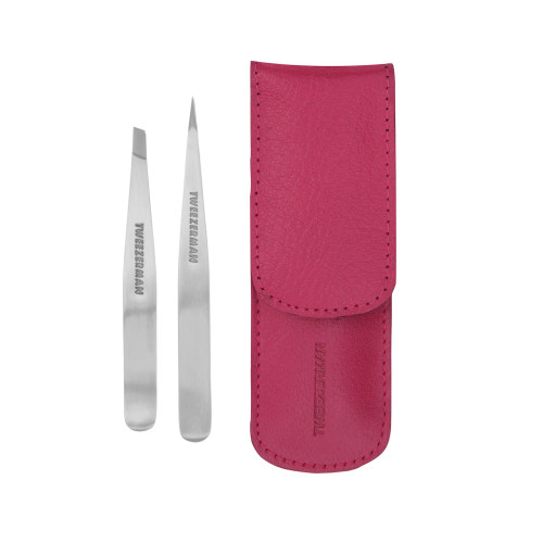 Tweezerman Eyebrow Tweezers Set (Angled + Pointed) - Pink Case