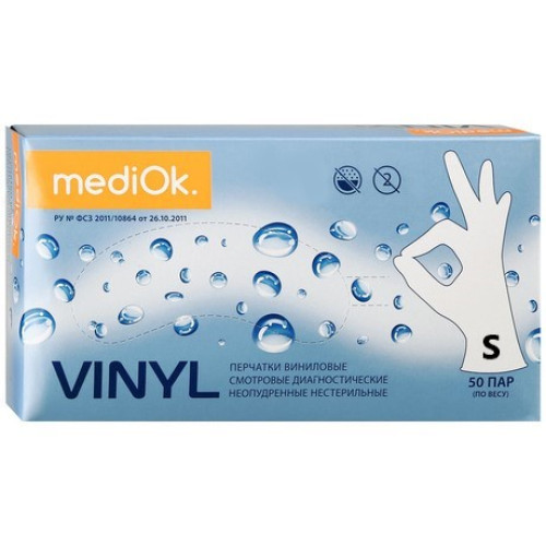 Перчатки виниловые MediOk, 100 шт. в упаковке, размер S / прозрачные
