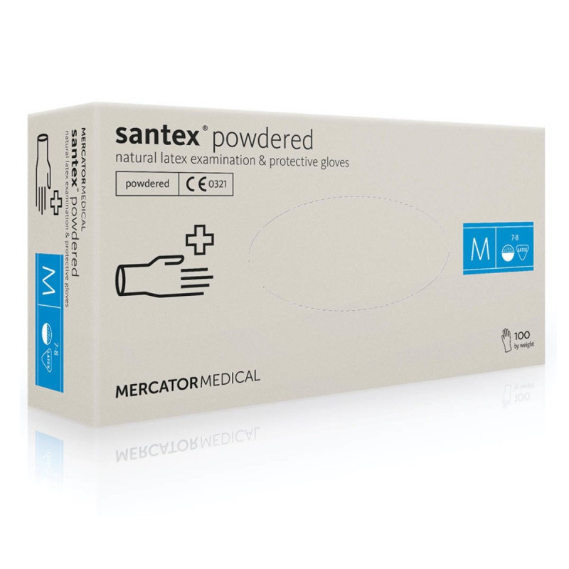 Перчатки латексные SANTEX Mercator Medical 100 шт в уп, размер М / С ПУДРОЙ, белые