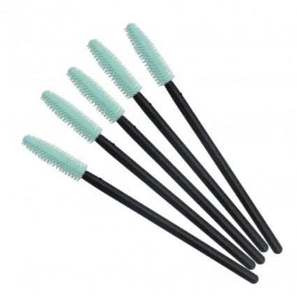 SILICONE brushes for eyebrows and eyelashes / black handle, turquoise bristles / 50 pcs per pack
