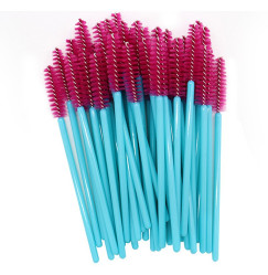 Brushes for eyebrows and eyelashes, fluffy / blue handle - raspberry bristles / 50 pcs per pack