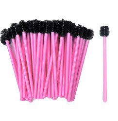 Brushes for eyebrows and eyelashes ROUND shape / pink handle - black pile / pack of 50 pcs