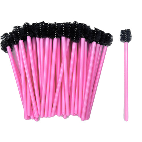 Brushes for eyebrows and eyelashes ROUND shape / pink handle - black pile / pack of 50 pcs