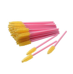 Brushes for eyebrows and eyelashes, fluffy / pink handle - yellow bristles / 50 pcs per pack