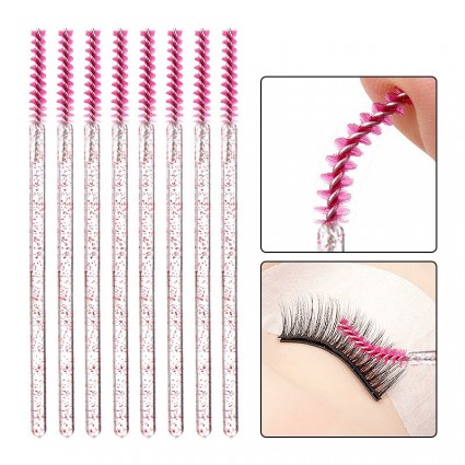 Brushes for eyebrows and eyelashes fluffy THIN glitter / raspberry with sparkles / 50 pcs per pack