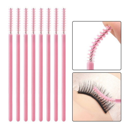 Thin fluffy brushes for eyebrows and eyelashes - pink, 50 pcs per pack