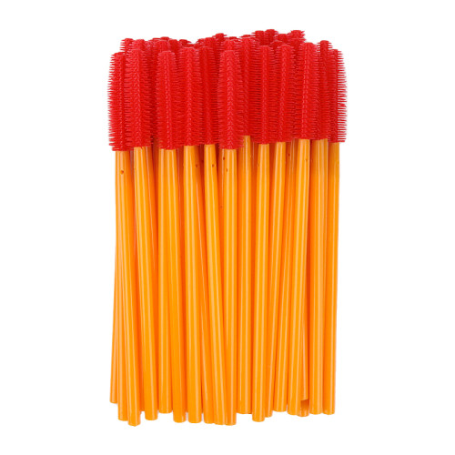 SILICONE brushes for eyebrows and eyelashes / orange handle, red bristles / 50 pcs per pack