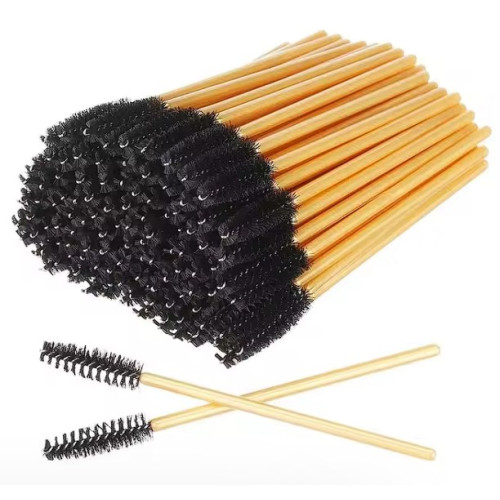 Brushes for eyebrows and eyelashes, fluffy / gold handle - black bristles / 50 pcs per pack