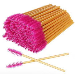 Brushes for eyebrows and eyelashes, fluffy / gold handle - raspberry bristles / 50 pcs per pack
