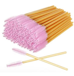 Brushes for eyebrows and eyelashes, fleecy / gold handle - pink bristles / 50 pcs per pack