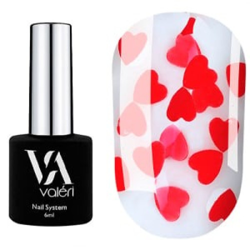 Topowy lakier hybrydowy VALERI / Top Love is / Red (transparentny z czerwonymi serduszkami), 6 ml